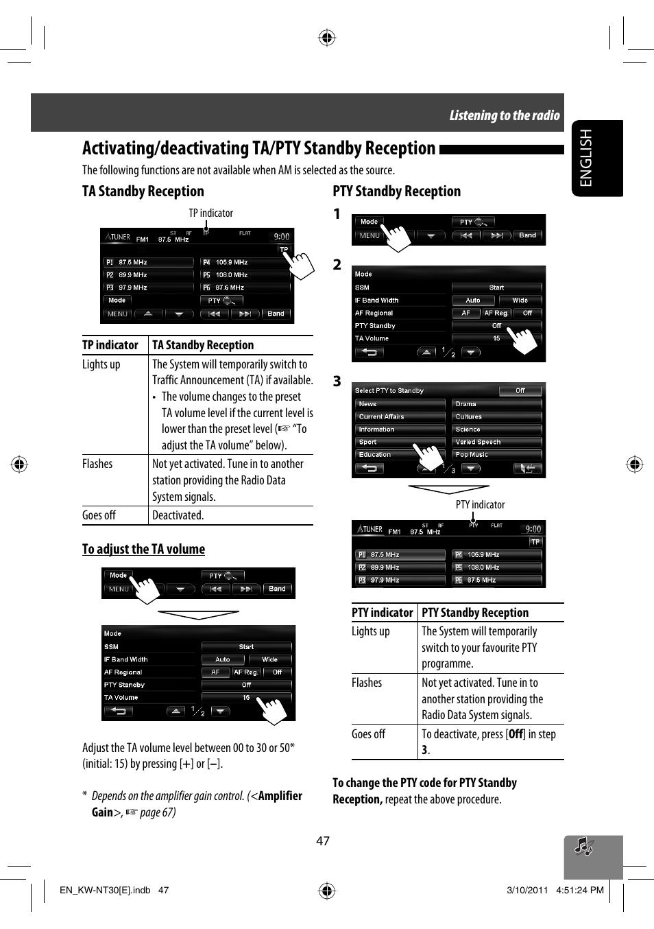 Activating/deactivating ta/pty standby reception, English, Ta standby reception | Pty standby reception 1 | JVC KW-NT30 User Manual | Page 47 / 274