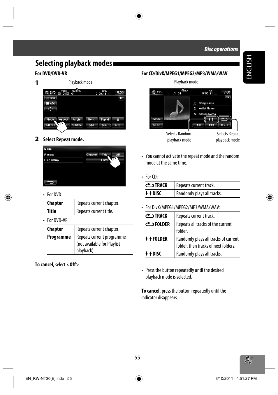 Selecting playback modes, English | JVC KW-NT30 User Manual | Page 55 / 274