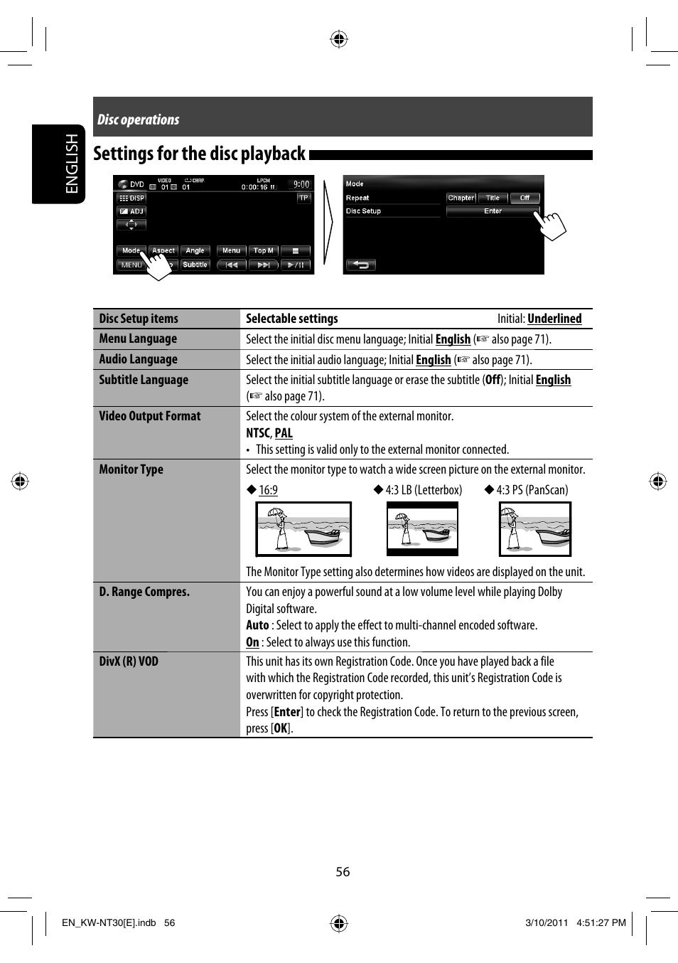 Settings for the disc playback, English | JVC KW-NT30 User Manual | Page 56 / 274