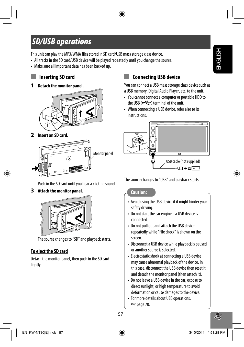 Sd/usb operations, English, Inserting sd card 1 | Connecting usb device | JVC KW-NT30 User Manual | Page 57 / 274