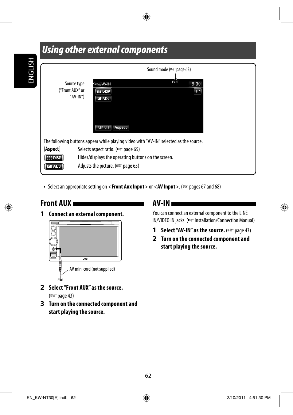 Using other external components, Front aux, Av-in | JVC KW-NT30 User Manual | Page 62 / 274