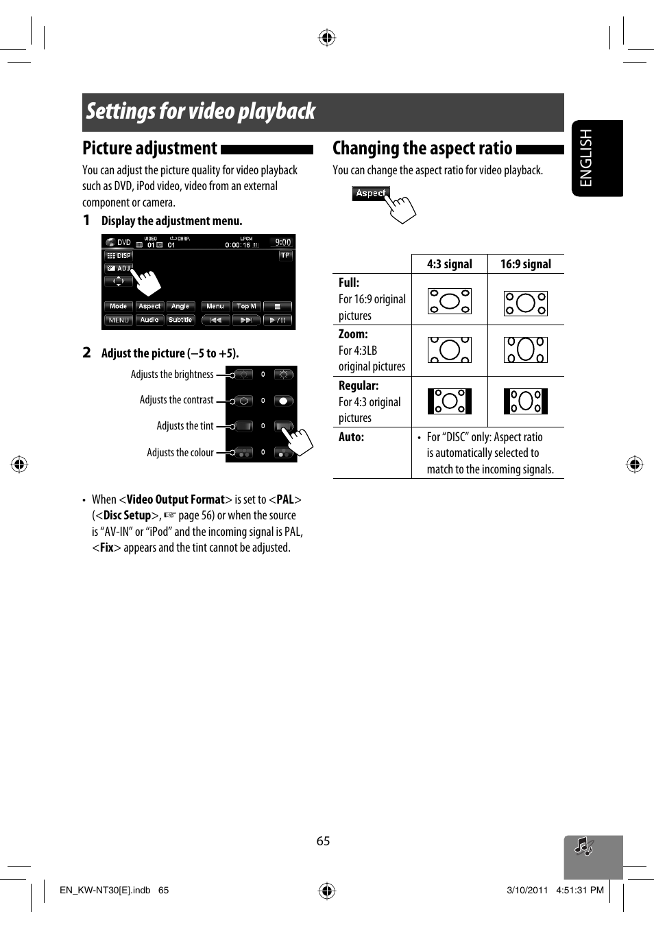 Settings for video playback, Picture adjustment, Changing the aspect ratio | English | JVC KW-NT30 User Manual | Page 65 / 274