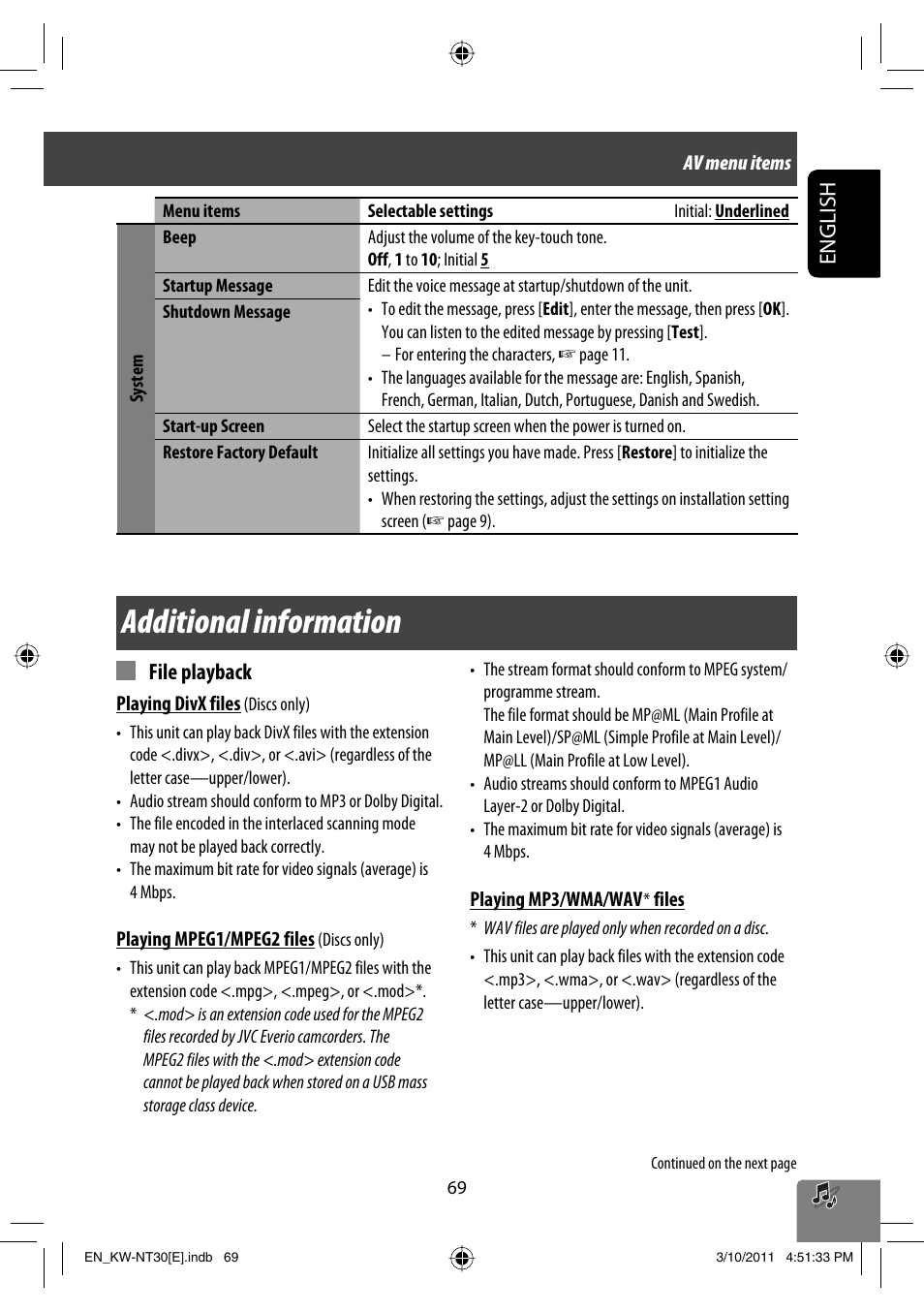 Additional information, English, File playback | JVC KW-NT30 User Manual | Page 69 / 274