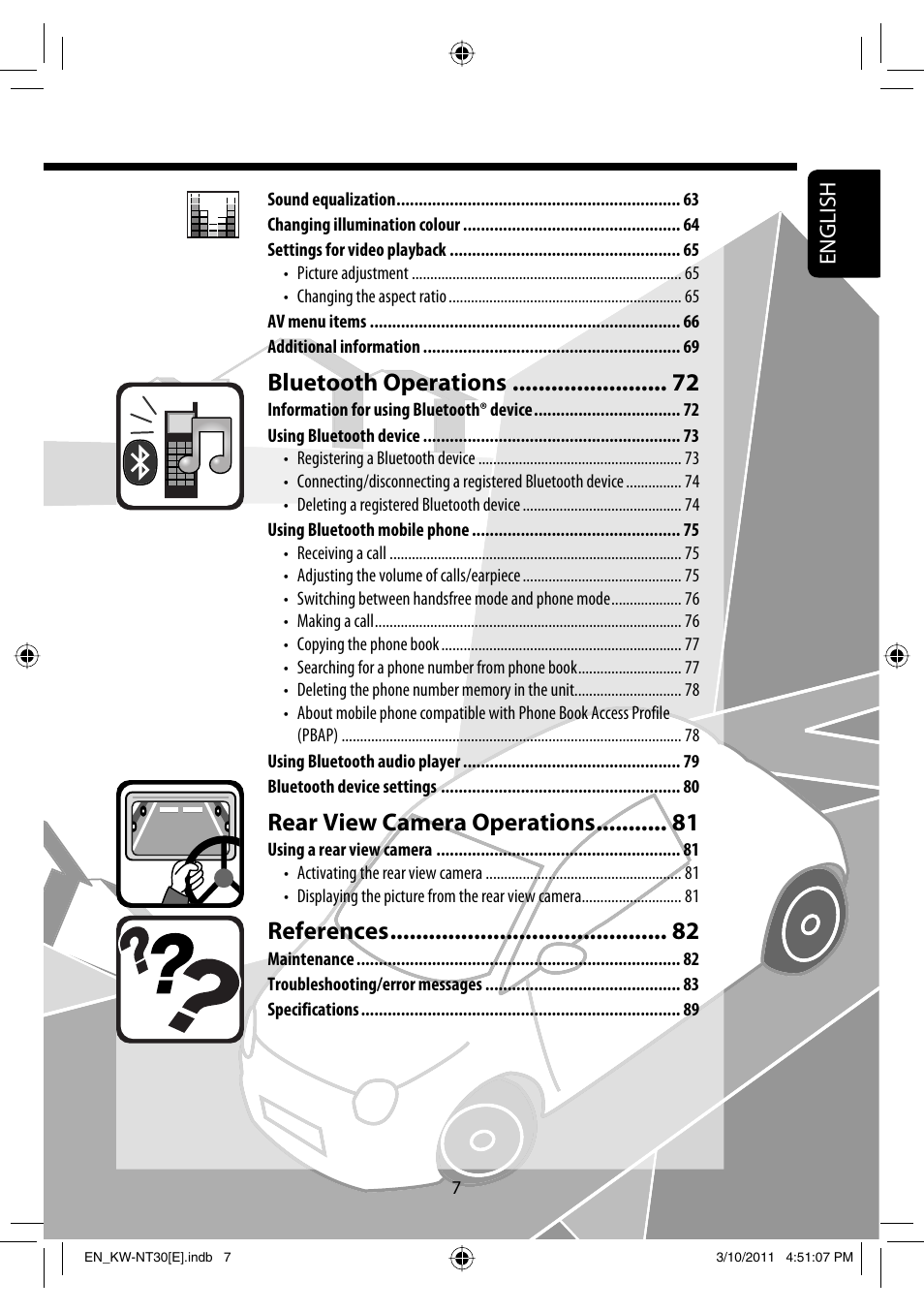 Bluetooth operations, Rear view camera operations, References | English | JVC KW-NT30 User Manual | Page 7 / 274