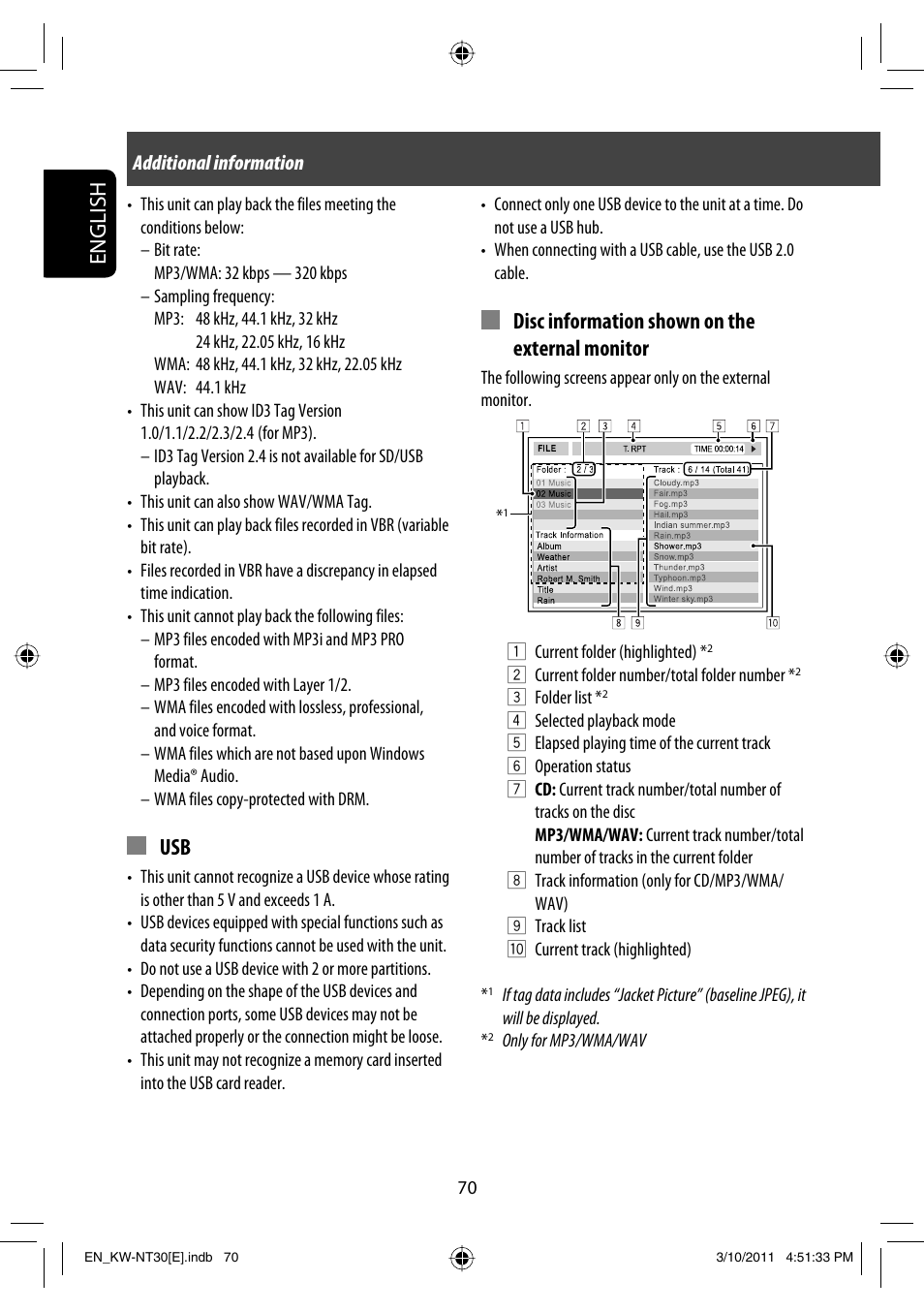 English, Disc information shown on the external monitor | JVC KW-NT30 User Manual | Page 70 / 274