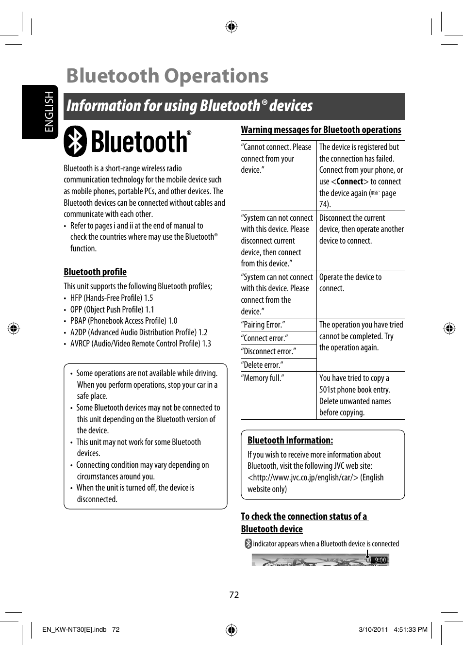 Bluetooth operations, Information for using bluetooth devices, Information for using bluetoothr devices | Information for using bluetooth® devices | JVC KW-NT30 User Manual | Page 72 / 274