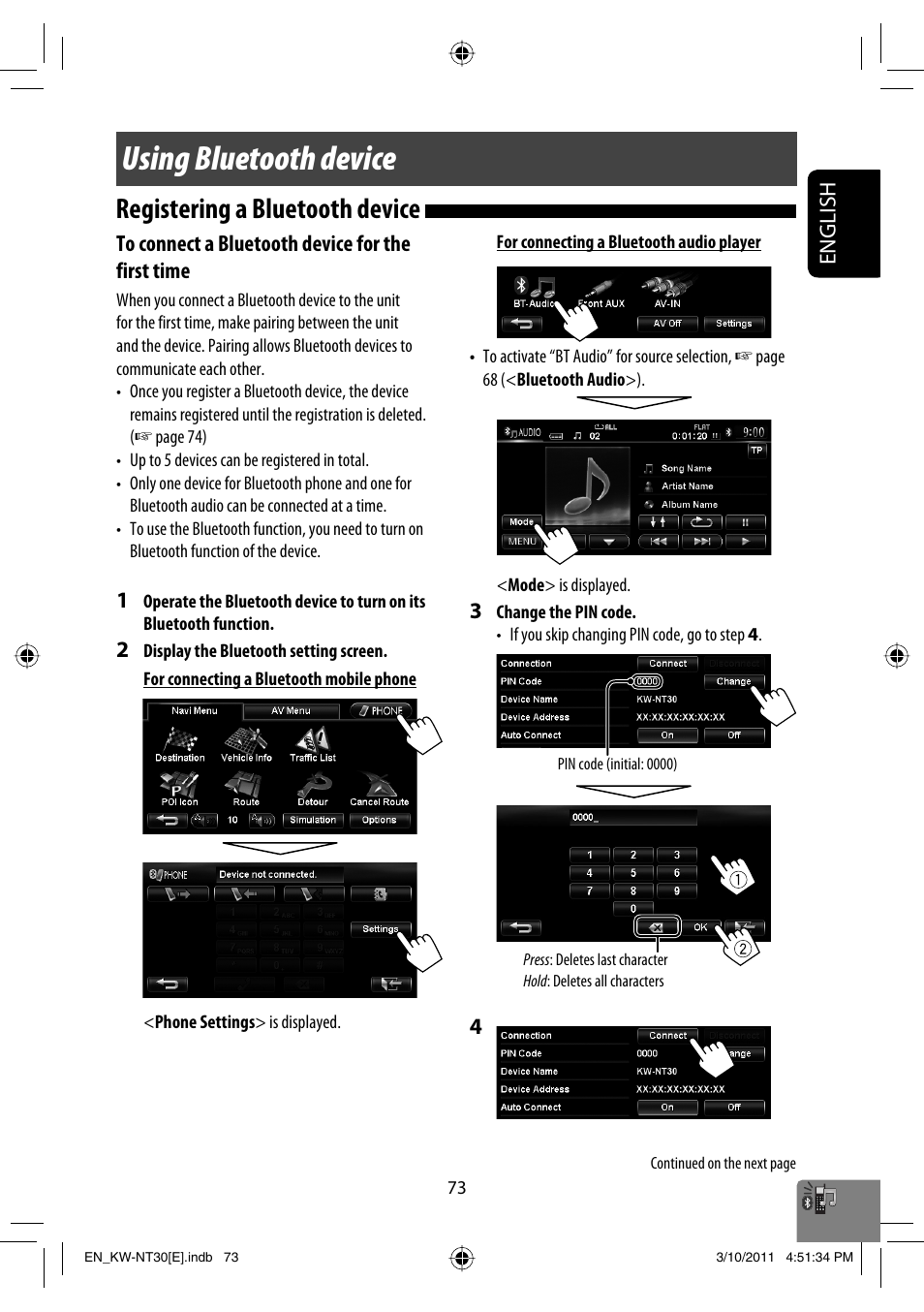 Using bluetooth device, Registering a bluetooth device, English | JVC KW-NT30 User Manual | Page 73 / 274