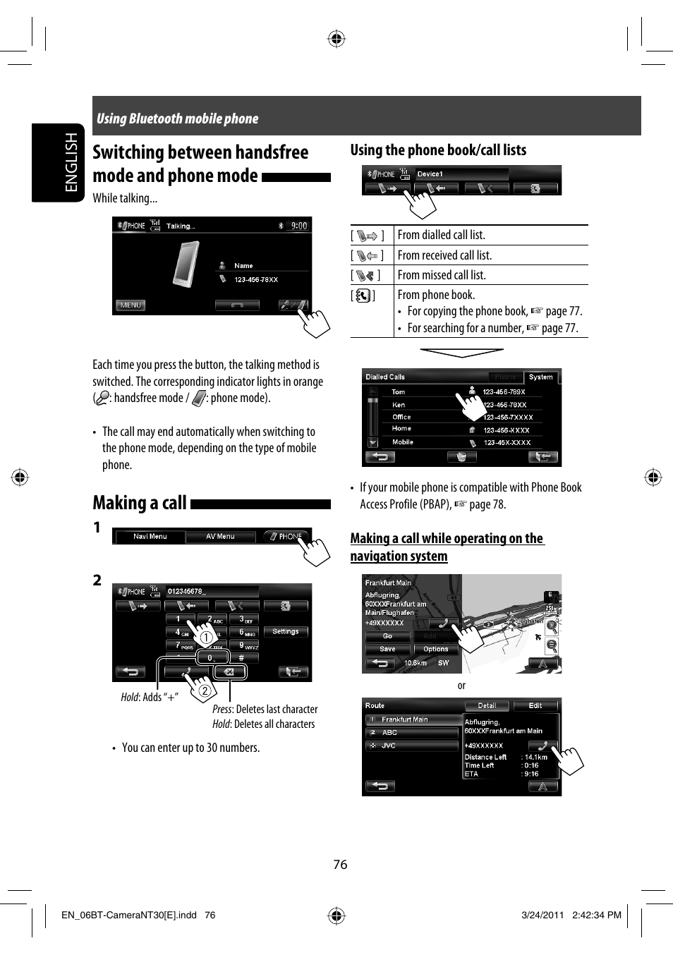 Switching between handsfree mode and phone mode, Making a call, English | Using the phone book/call lists | JVC KW-NT30 User Manual | Page 76 / 274