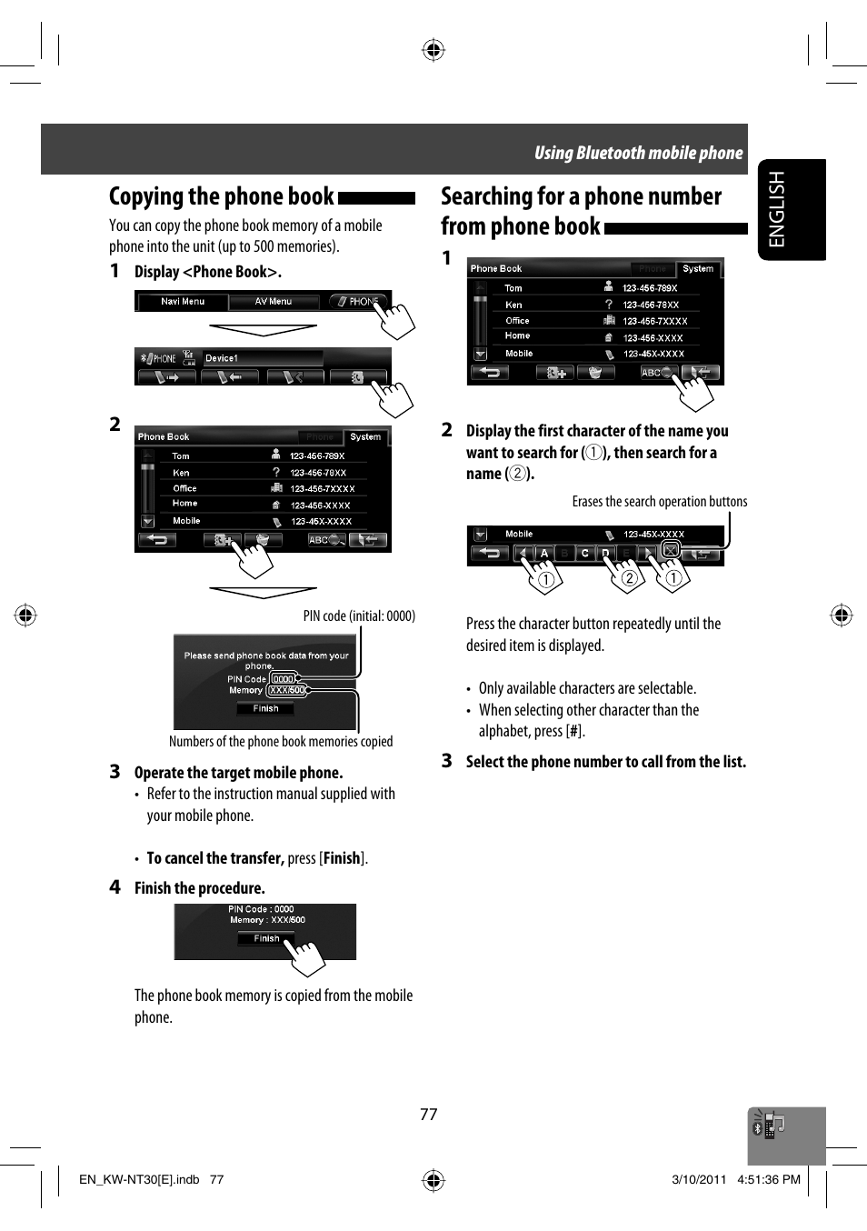 Copying the phone book, Searching for a phone number from phone book | JVC KW-NT30 User Manual | Page 77 / 274