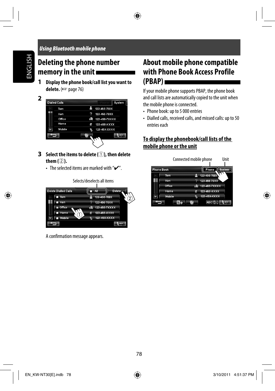 Deleting the phone number memory in the unit, English | JVC KW-NT30 User Manual | Page 78 / 274