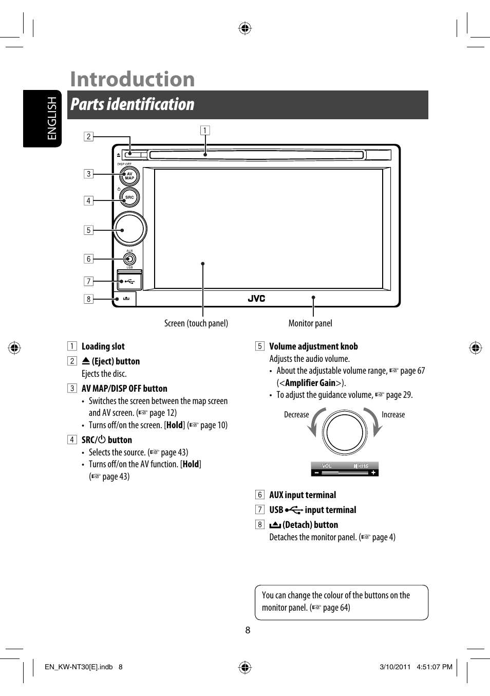 Introduction, Parts identification, English | JVC KW-NT30 User Manual | Page 8 / 274