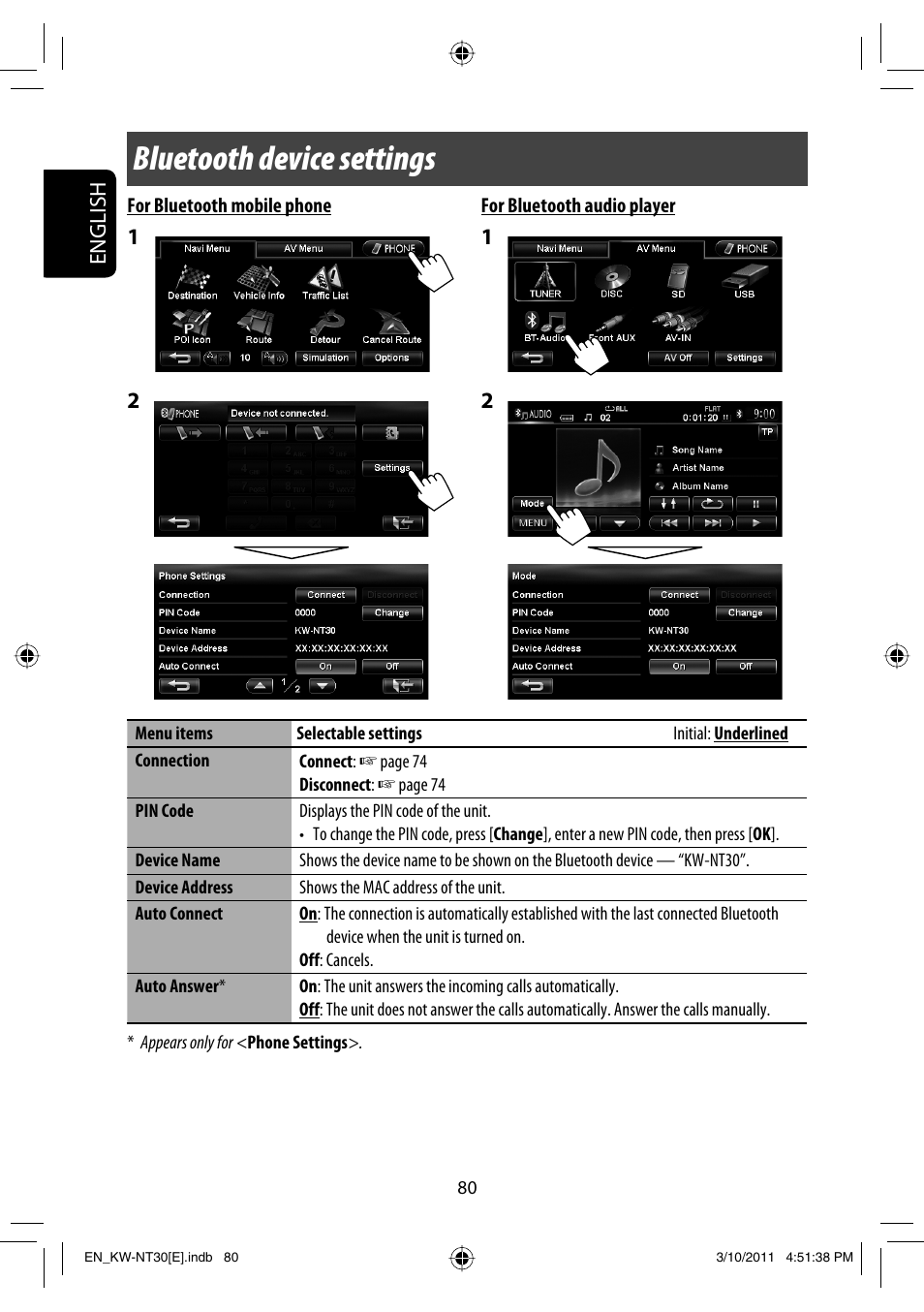 Bluetooth device settings, English | JVC KW-NT30 User Manual | Page 80 / 274