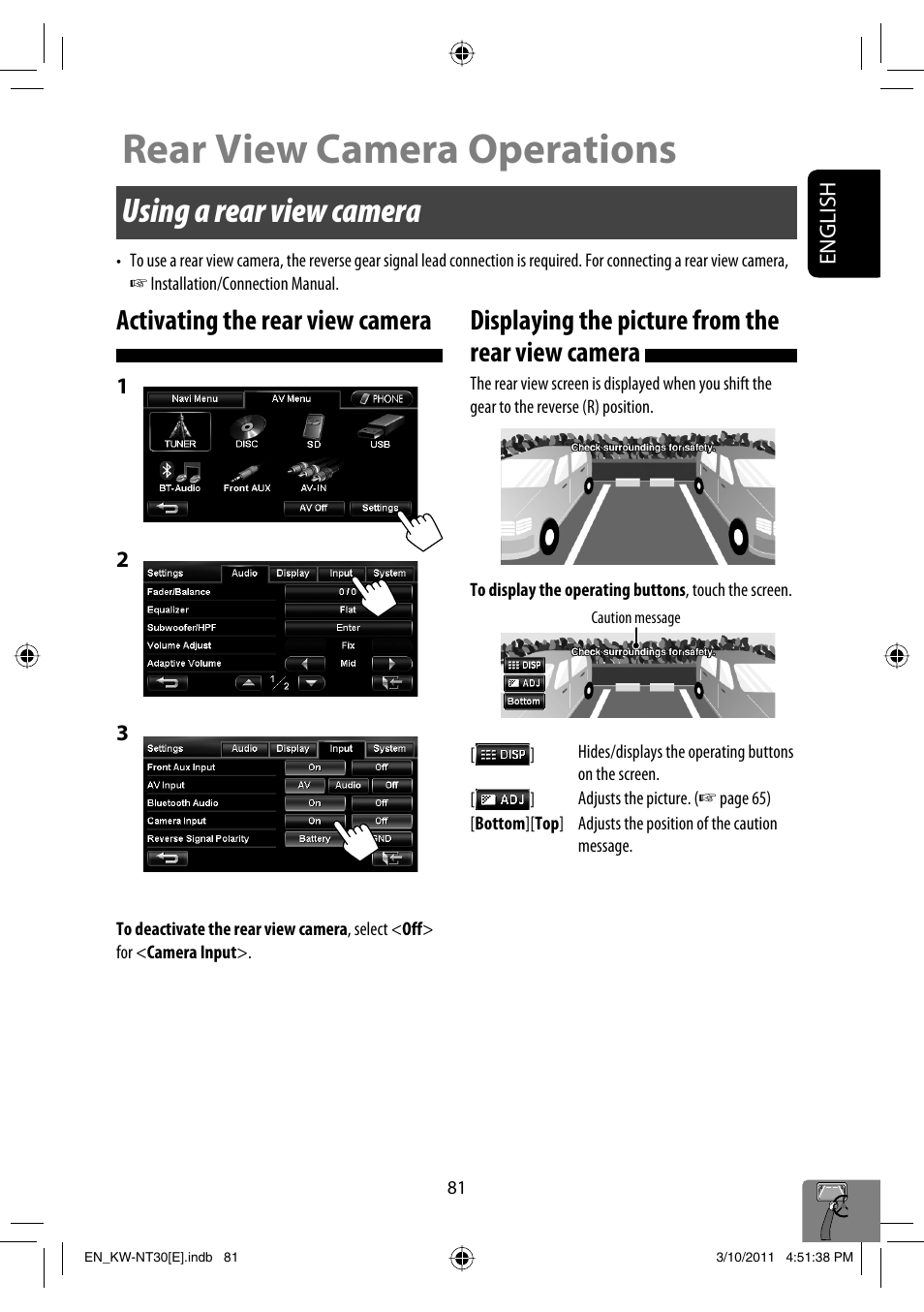 Rear view camera operations, Using a rear view camera, Activating the rear view camera | Displaying the picture from the rear view camera | JVC KW-NT30 User Manual | Page 81 / 274