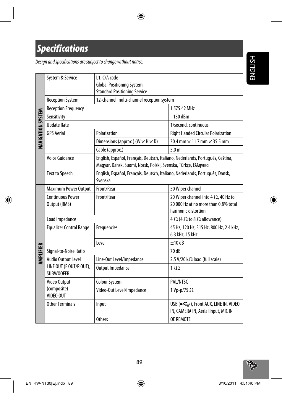 Specifications, English | JVC KW-NT30 User Manual | Page 89 / 274