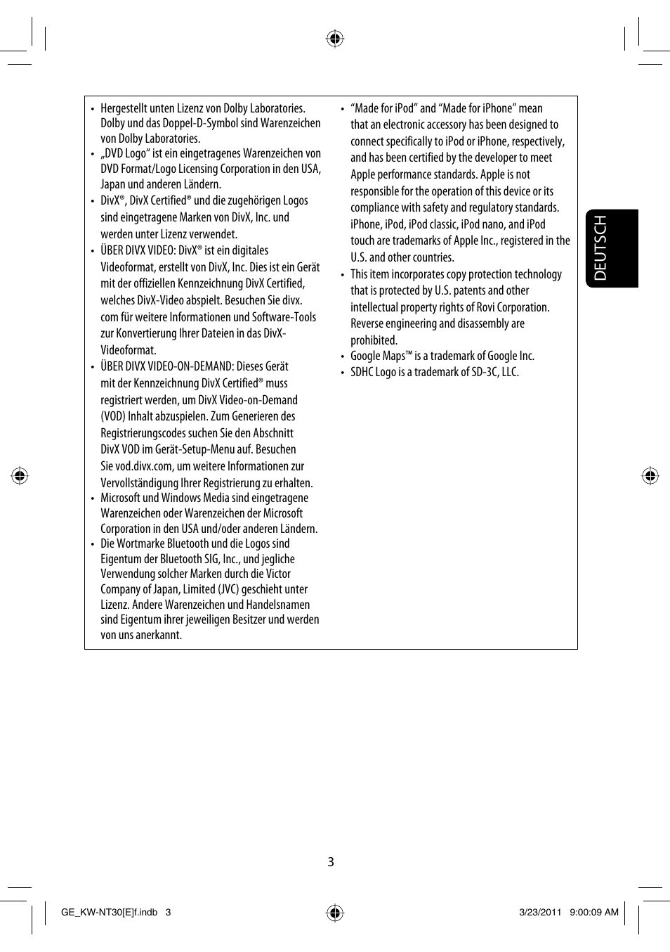 Deutsch | JVC KW-NT30 User Manual | Page 93 / 274