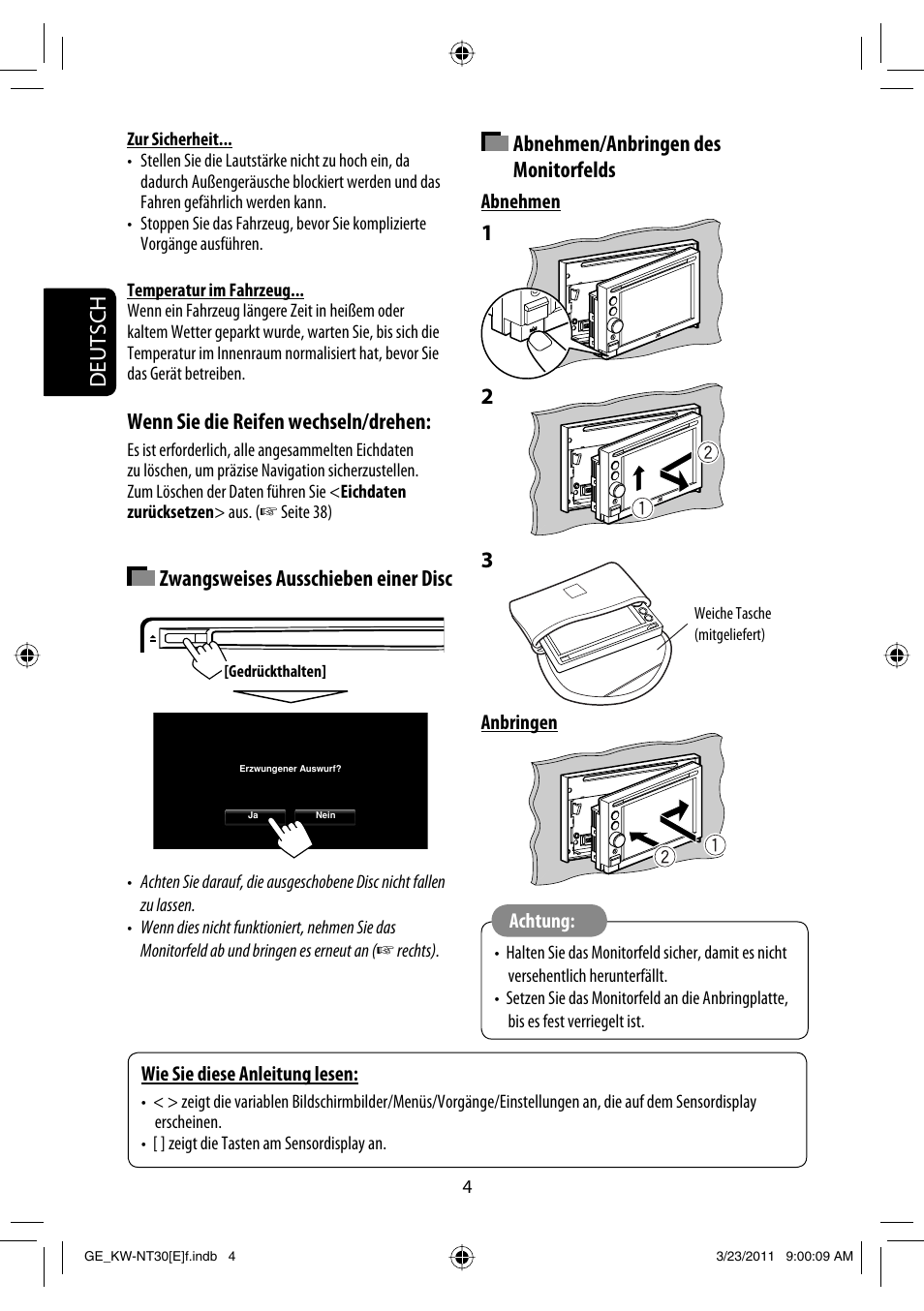 Deutsch, Abnehmen/anbringen des monitorfelds, Wenn sie die reifen wechseln/drehen | Zwangsweises ausschieben einer disc | JVC KW-NT30 User Manual | Page 94 / 274