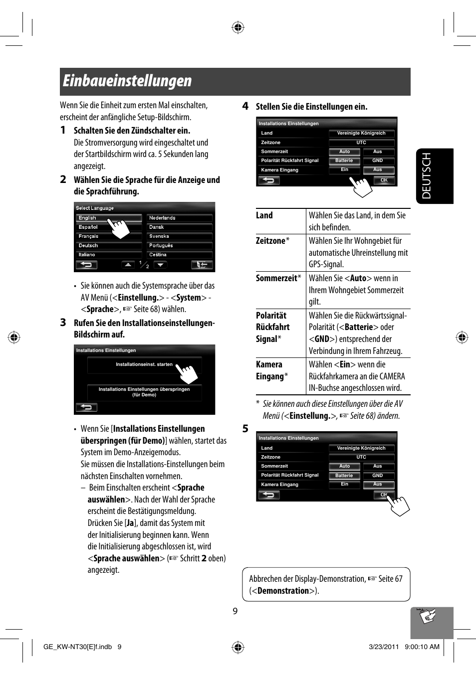 Einbaueinstellungen, Deutsch | JVC KW-NT30 User Manual | Page 99 / 274