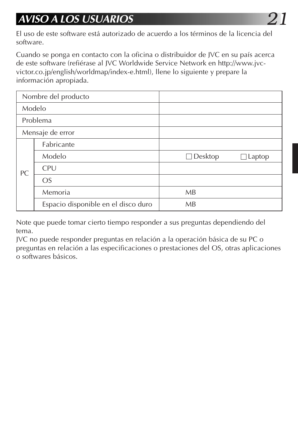 Aviso a los usuarios | JVC GR-DVX10 User Manual | Page 101 / 244