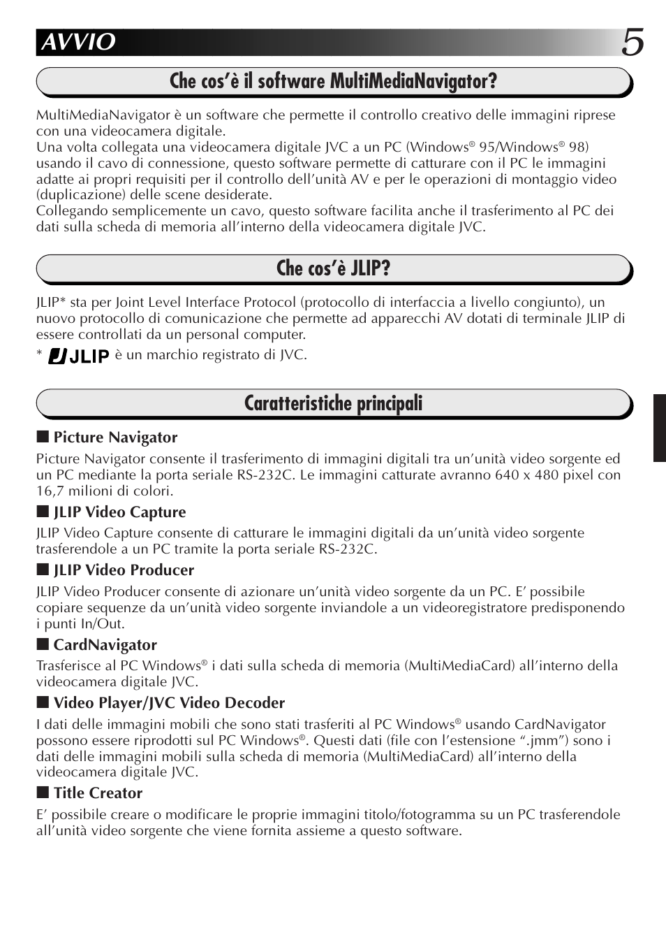 Avvio, Che cos’è il software multimedianavigator, Che cos’è jlip | Caratteristiche principali | JVC GR-DVX10 User Manual | Page 105 / 244