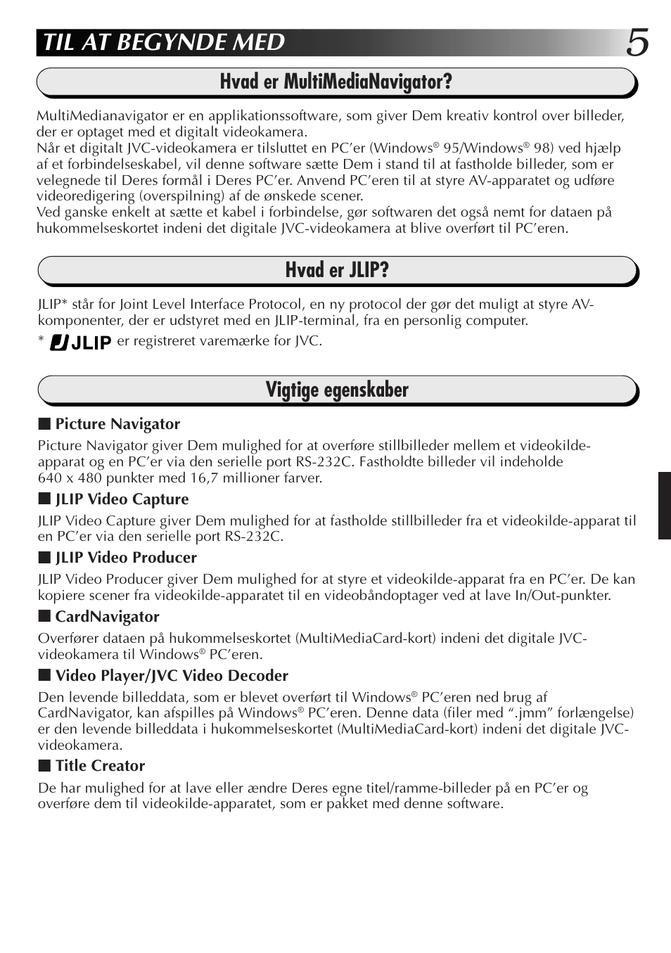 Til at begynde med, Hvad er multimedianavigator, Hvad er jlip | Vigtige egenskaber | JVC GR-DVX10 User Manual | Page 125 / 244