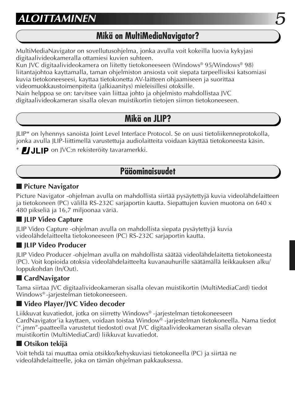 Aloittaminen, Mikä on multimedianavigator, Mikä on jlip | Pääominaisuudet | JVC GR-DVX10 User Manual | Page 145 / 244