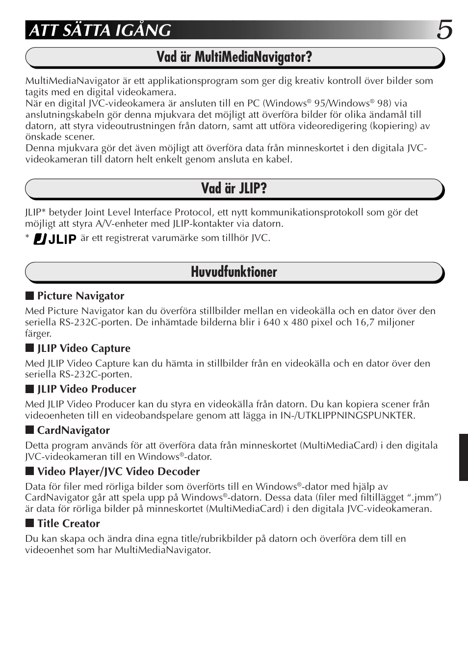 Att sätta igång, Vad är multimedianavigator, Vad är jlip | Huvudfunktioner | JVC GR-DVX10 User Manual | Page 165 / 244