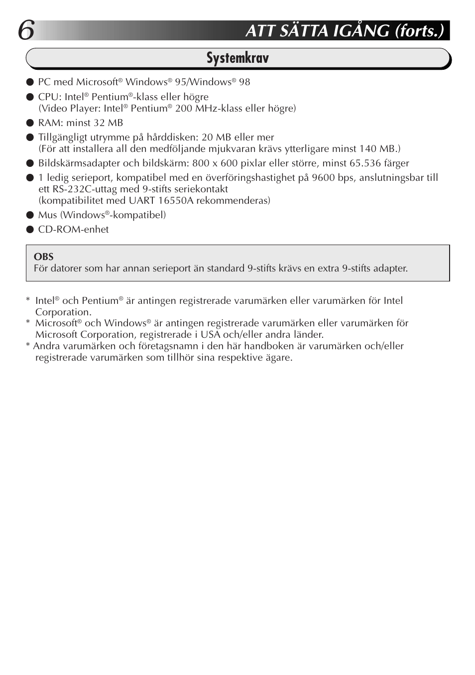 Att sätta igång (forts.), Systemkrav | JVC GR-DVX10 User Manual | Page 166 / 244