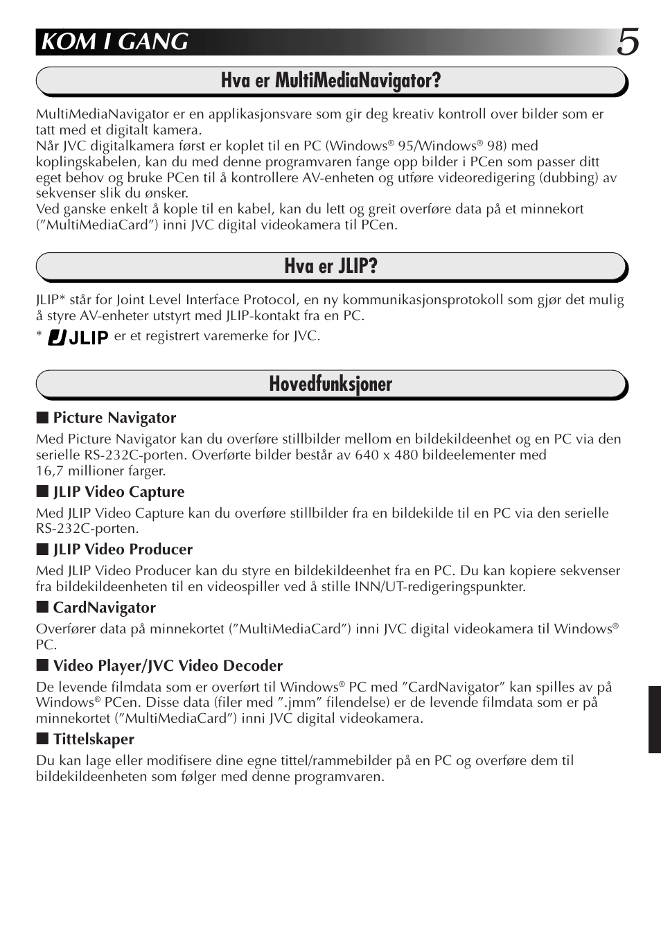 Kom i gang, Hva er multimedianavigator, Hva er jlip | Hovedfunksjoner | JVC GR-DVX10 User Manual | Page 185 / 244