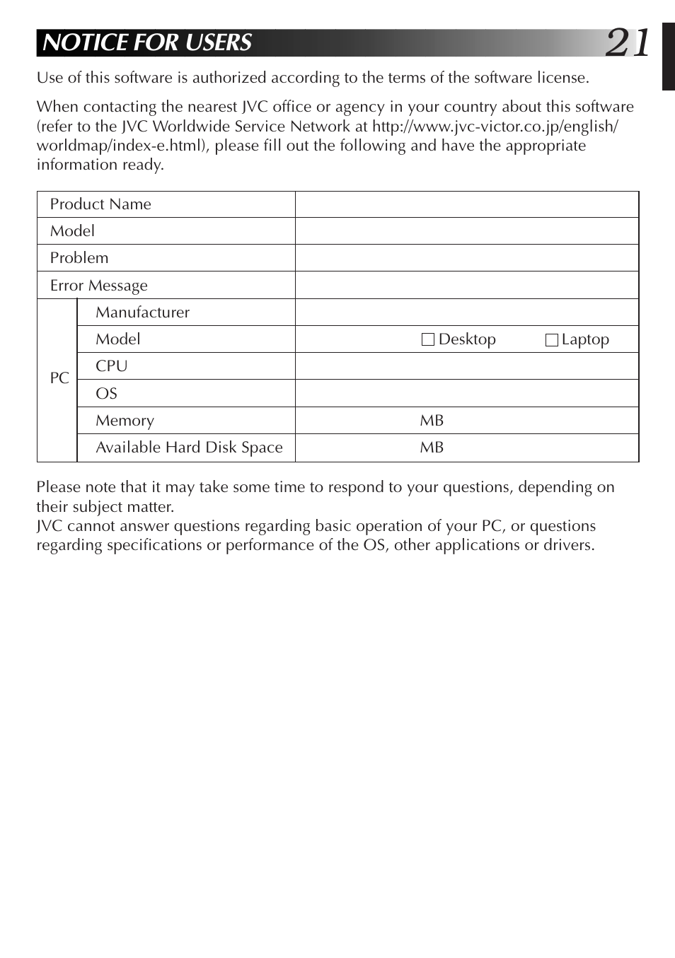 Notice for users | JVC GR-DVX10 User Manual | Page 21 / 244