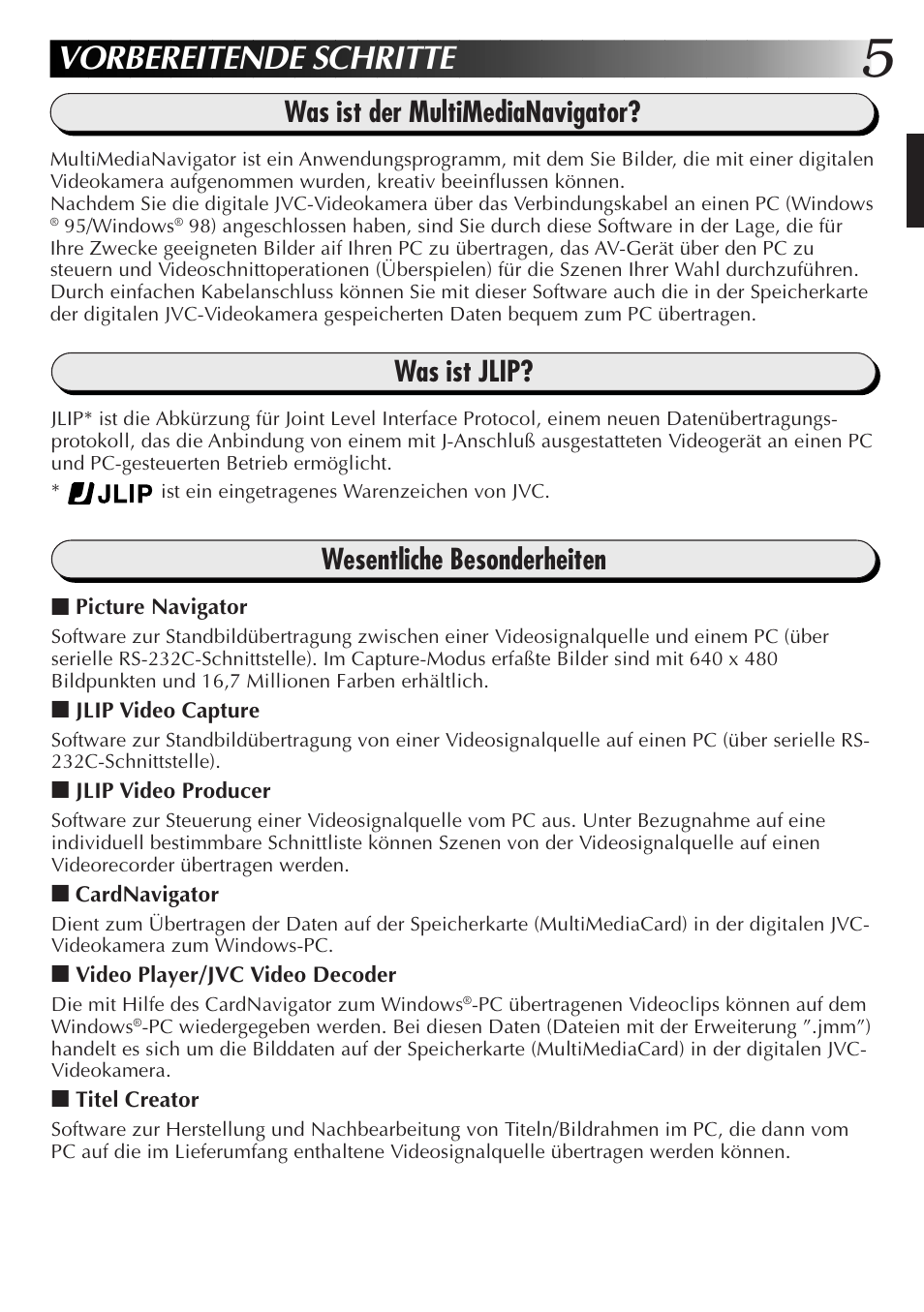 Vorbereitende schritte, Was ist der multimedianavigator, Was ist jlip | Wesentliche besonderheiten | JVC GR-DVX10 User Manual | Page 25 / 244