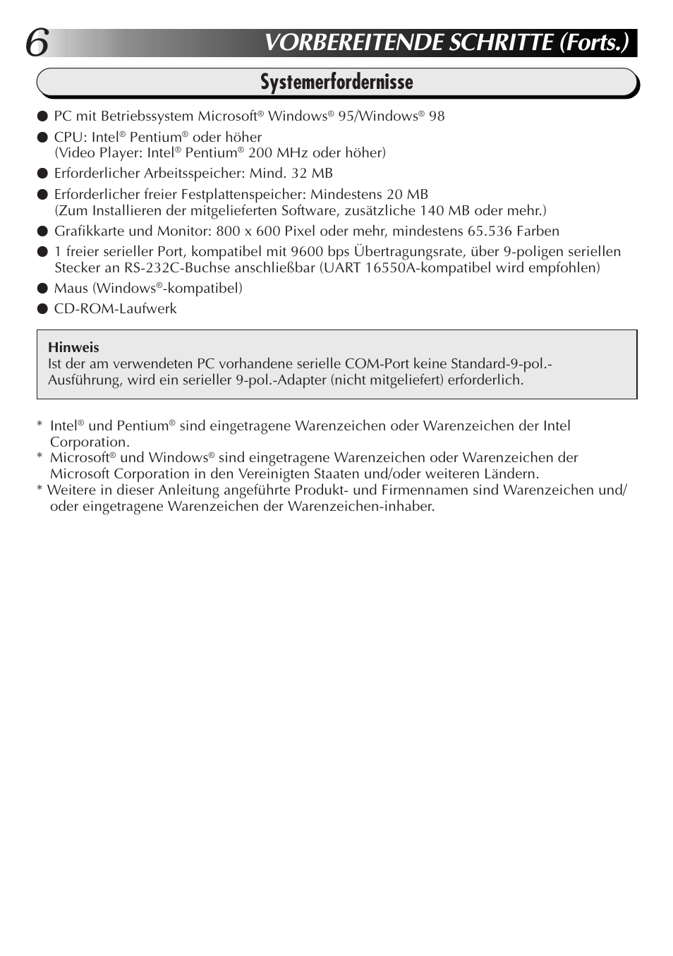 Vorbereitende schritte (forts.), Systemerfordernisse | JVC GR-DVX10 User Manual | Page 26 / 244