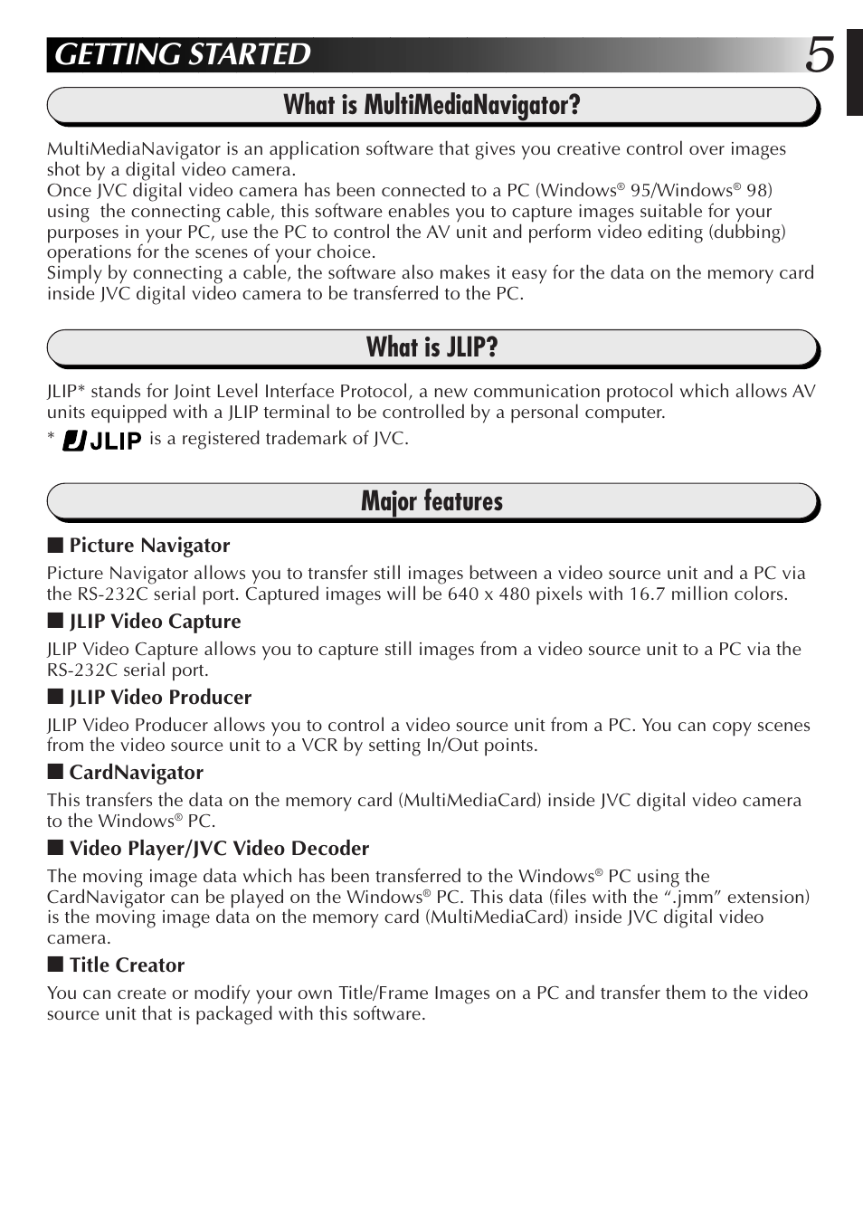 Getting started, What is multimedianavigator, What is jlip | Major features | JVC GR-DVX10 User Manual | Page 5 / 244