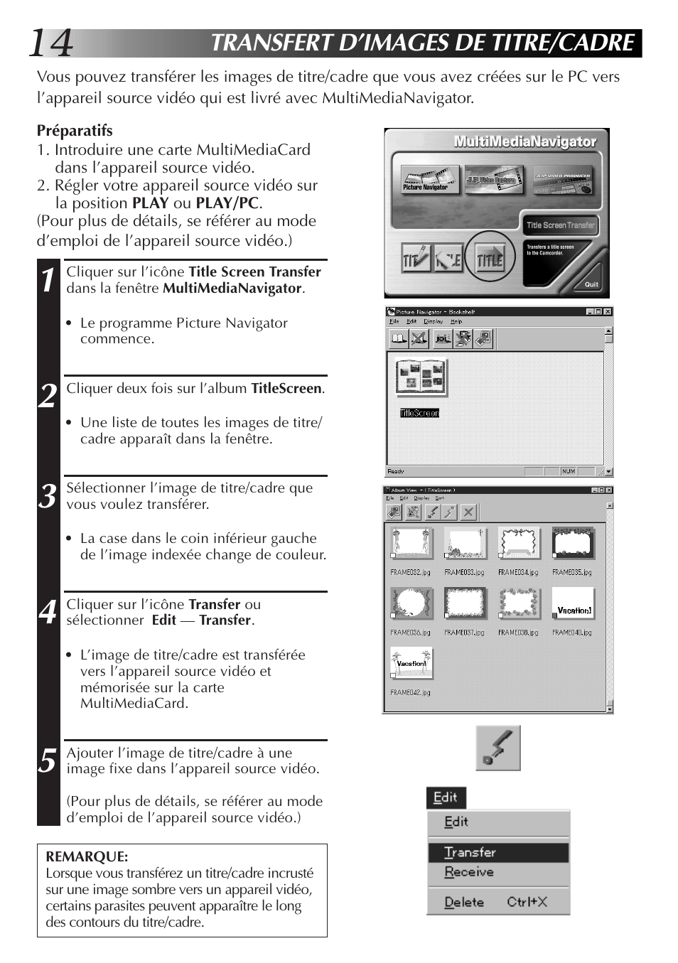 Transfert d’images de titre/cadre | JVC GR-DVX10 User Manual | Page 54 / 244