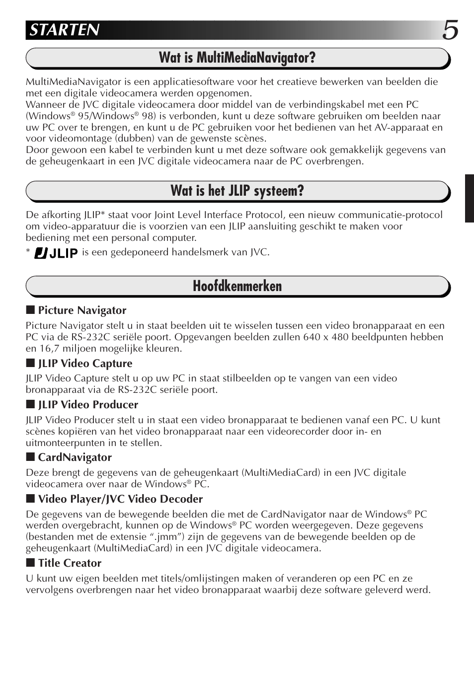 Starten, Wat is multimedianavigator, Wat is het jlip systeem | Hoofdkenmerken | JVC GR-DVX10 User Manual | Page 65 / 244