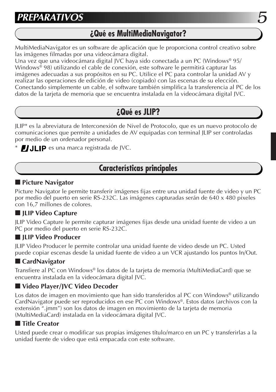 Preparativos, Qué es multimedianavigator, Qué es jlip | Características principales | JVC GR-DVX10 User Manual | Page 85 / 244