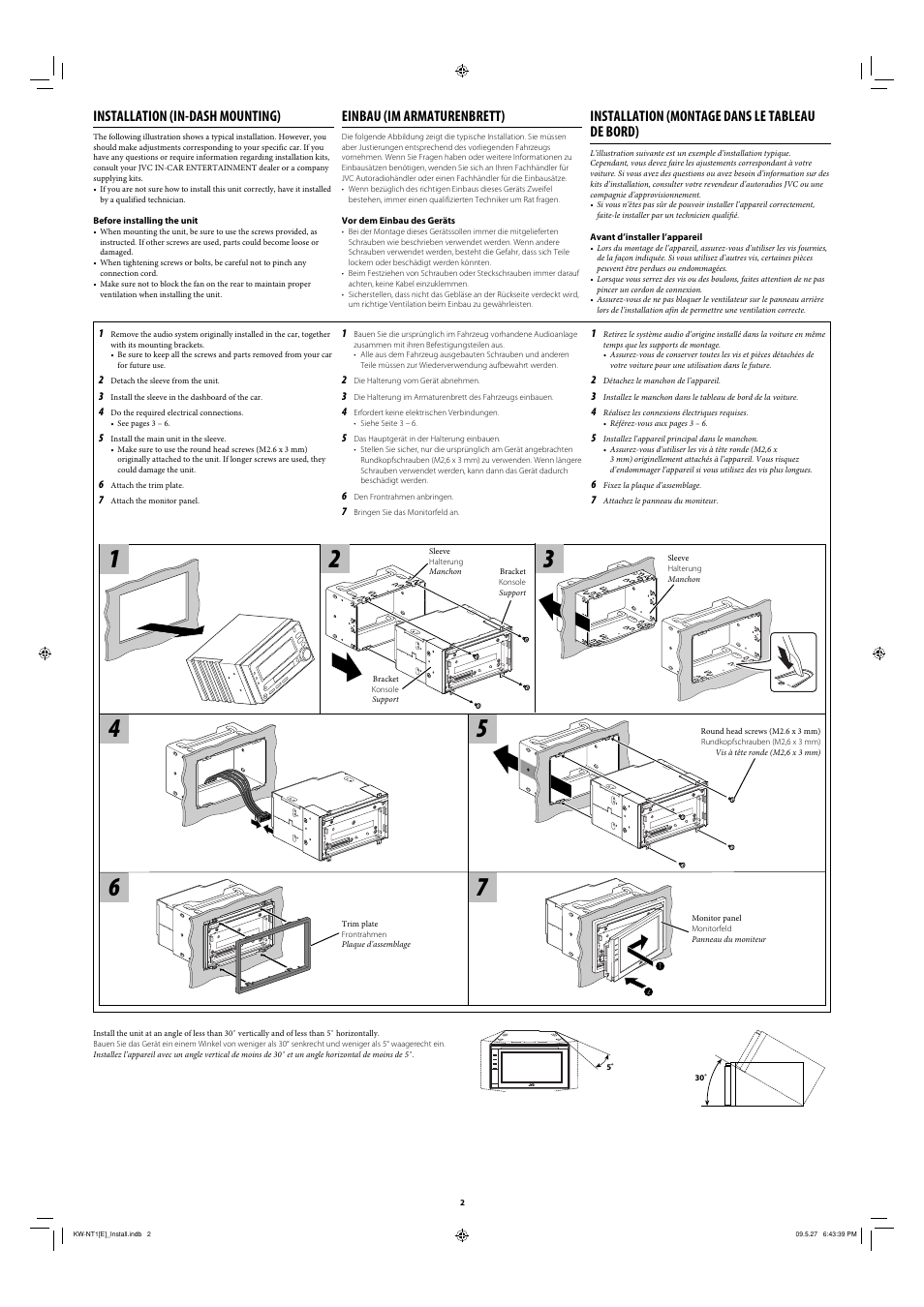 Installation (in-dash mounting), Einbau (im armaturenbrett), Installation (montage dans le tableau de bord) | JVC KW-NT1 User Manual | Page 2 / 6