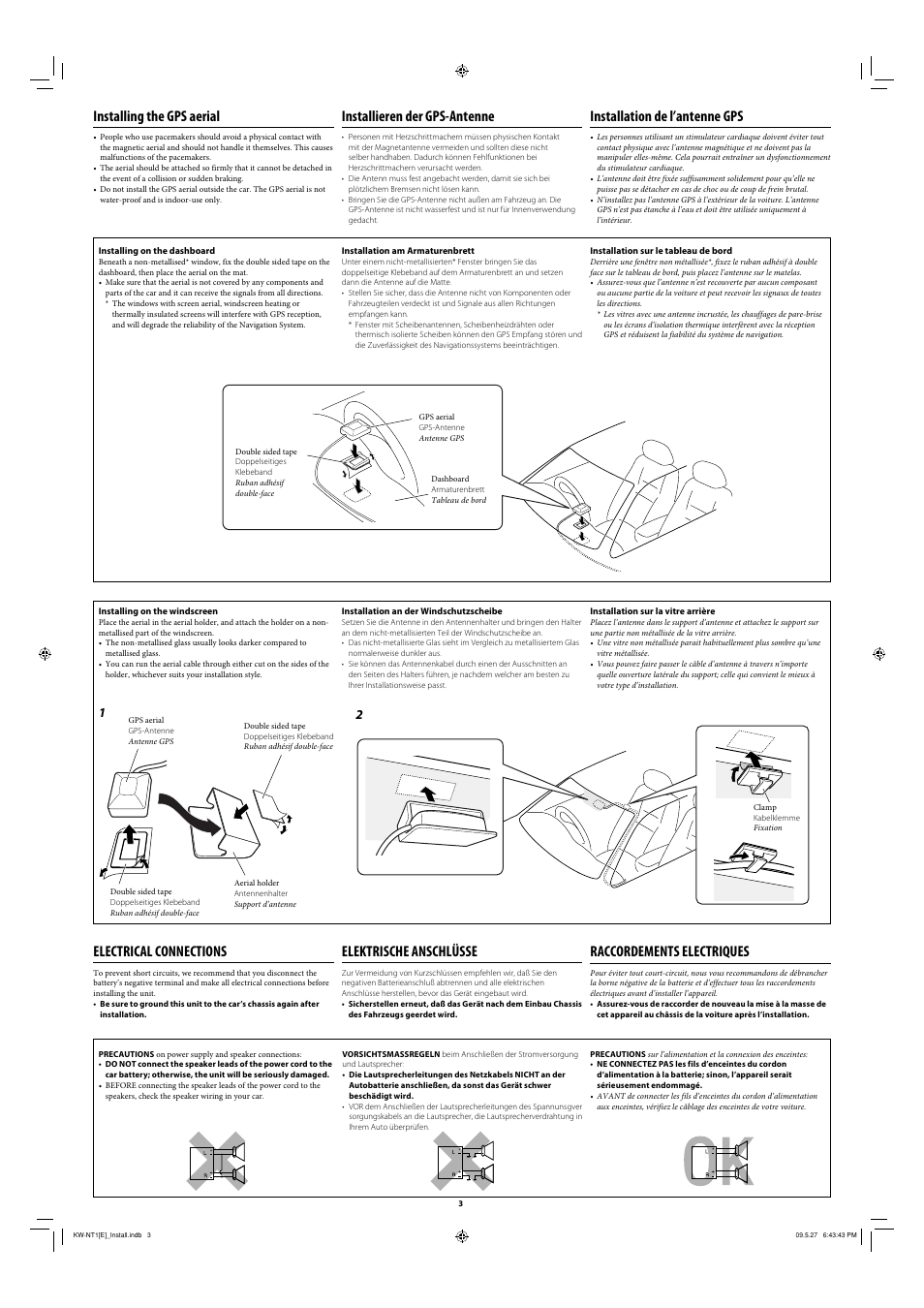 Installing the gps aerial, Installation de l’antenne gps, Installieren der gps-antenne | Electrical connections, Elektrische anschlüsse, Raccordements electriques | JVC KW-NT1 User Manual | Page 3 / 6