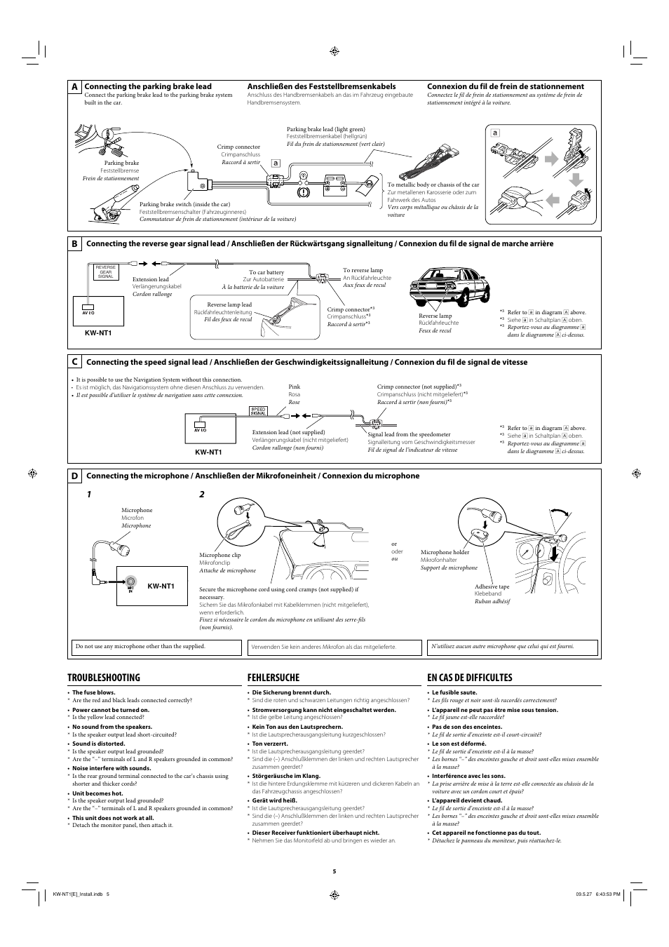 Troubleshooting, Fehlersuche, En cas de difficultes | Bd c | JVC KW-NT1 User Manual | Page 5 / 6