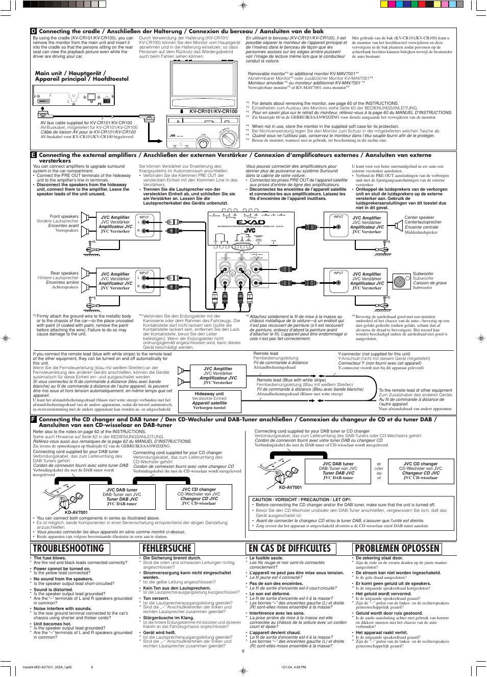 Troubleshooting, Fehlersuche, Problemen oplossen | En cas de difficultes | JVC KD-AV7001 User Manual | Page 6 / 6