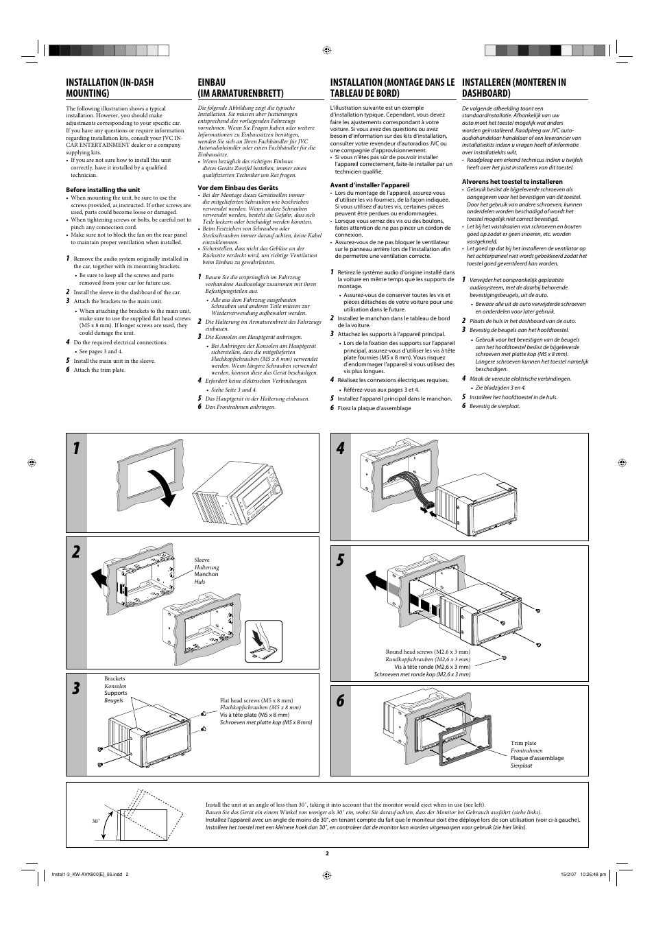 Installeren (monteren in dashboard), Installation (montage dans le tableau de bord), Einbau (im armaturenbrett) | Installation (in-dash mounting) | JVC KW-AVX800 User Manual | Page 2 / 6