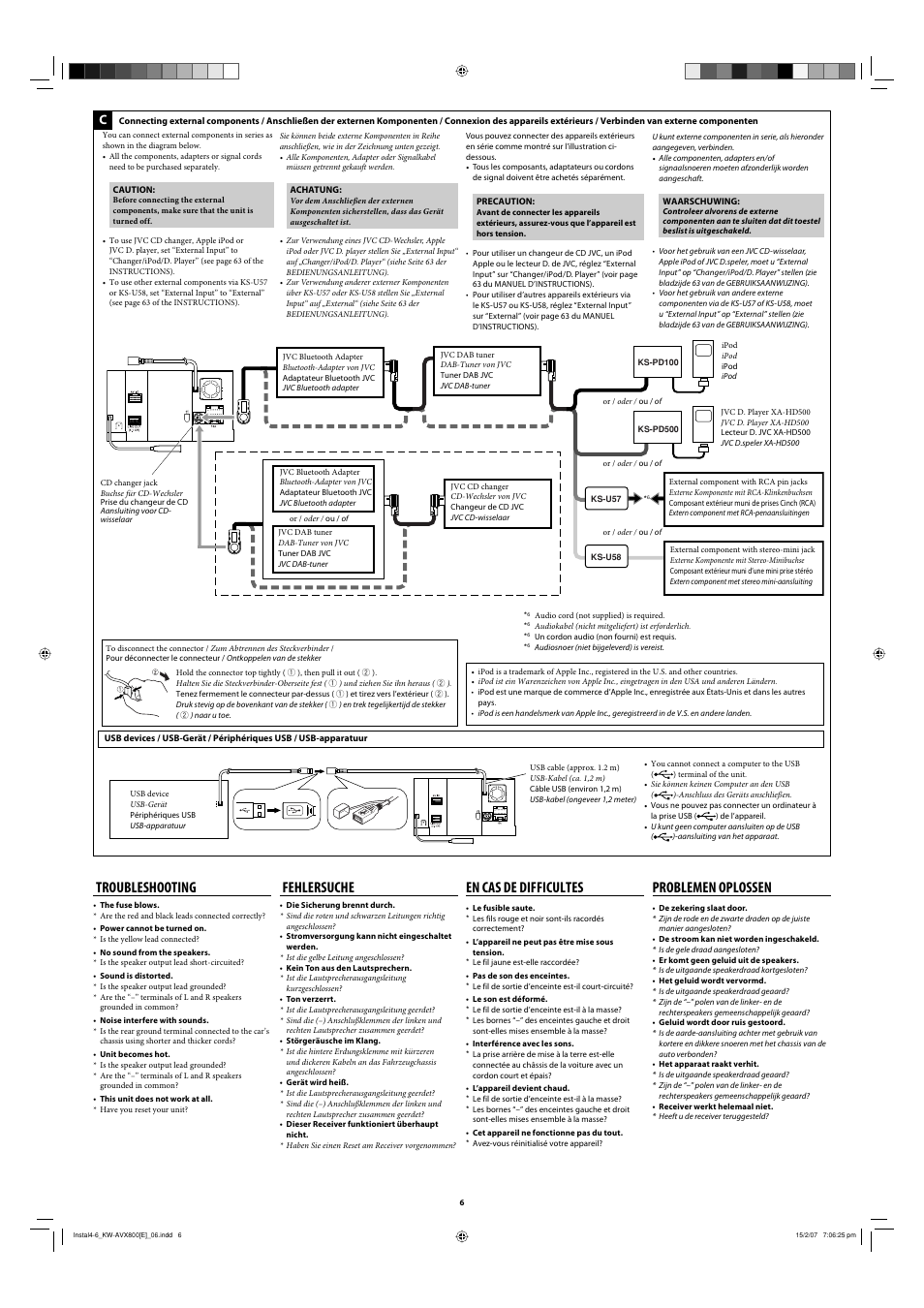 Troubleshooting, Fehlersuche, En cas de difficultes | Problemen oplossen | JVC KW-AVX800 User Manual | Page 6 / 6