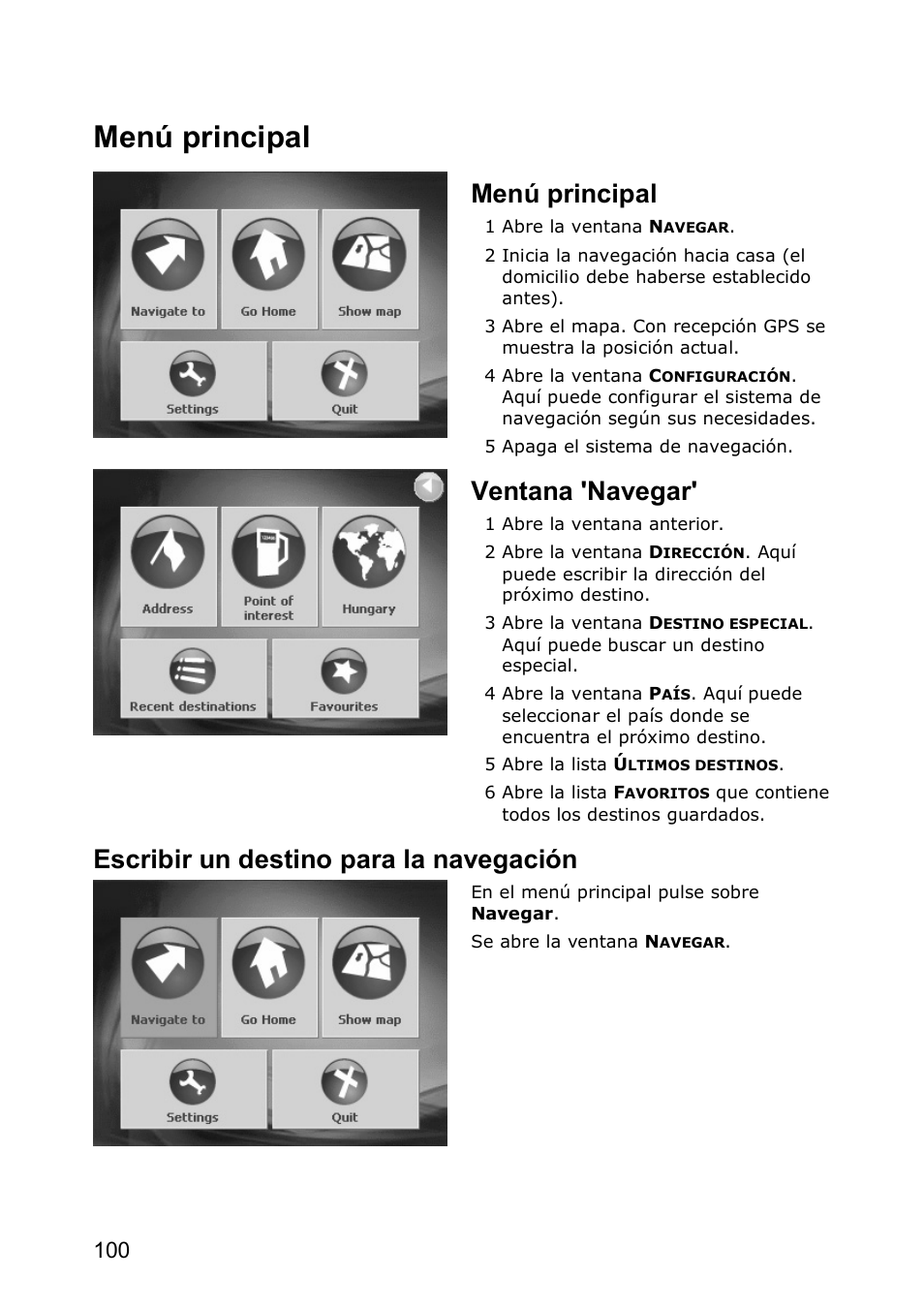 Menú principal, Ventana 'navegar, Escribir un destino para la navegación | JVC KV-PX501 User Manual | Page 100 / 219