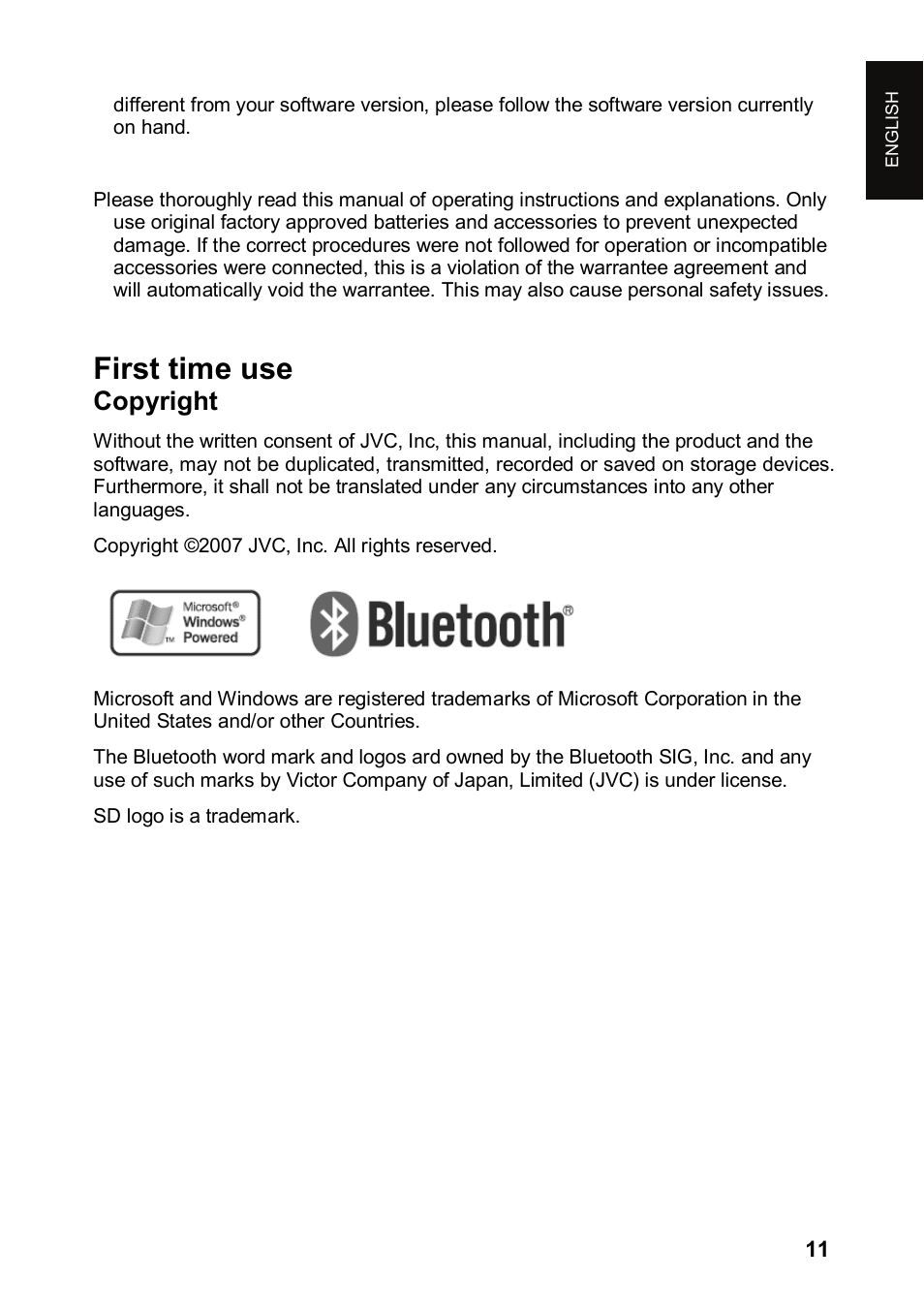 First time use, Copyright | JVC KV-PX501 User Manual | Page 11 / 219