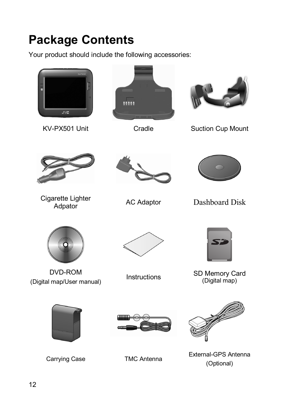 Package contents, Dashboard disk | JVC KV-PX501 User Manual | Page 12 / 219