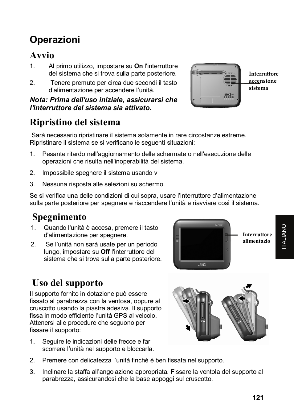 Operazioni avvio, Ripristino del sistema, Spegnimento | Uso del supporto | JVC KV-PX501 User Manual | Page 121 / 219