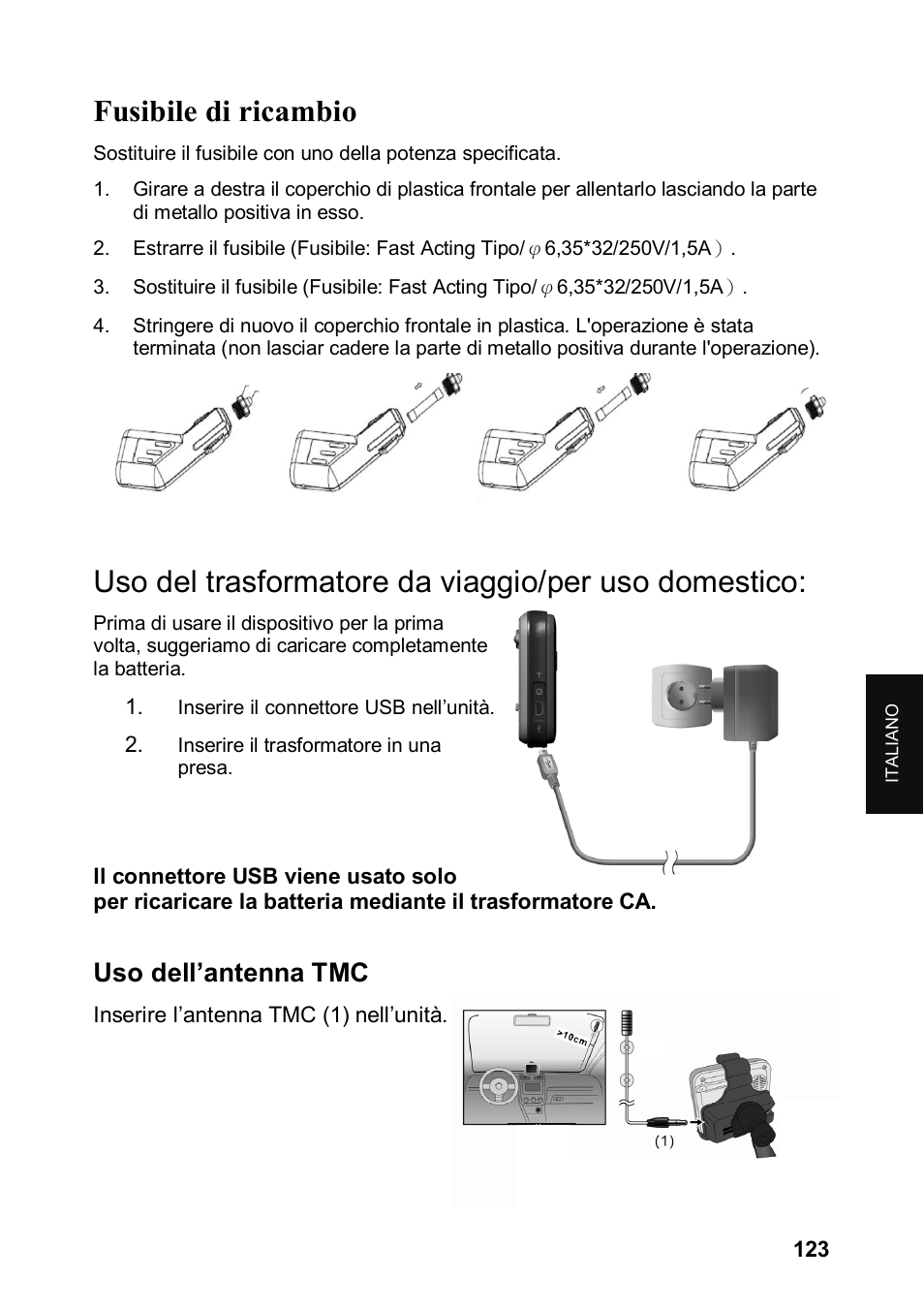 Fusibile di ricambio, Uso del trasformatore da viaggio/per uso domestico, Uso dell’antenna tmc | JVC KV-PX501 User Manual | Page 123 / 219