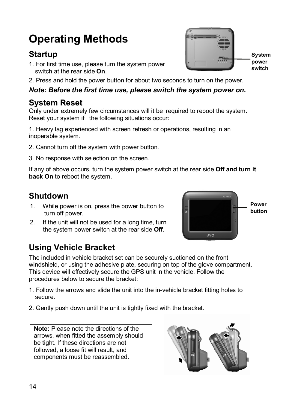 Operating methods, Startup, System reset | Shutdown, Using vehicle bracket | JVC KV-PX501 User Manual | Page 14 / 219