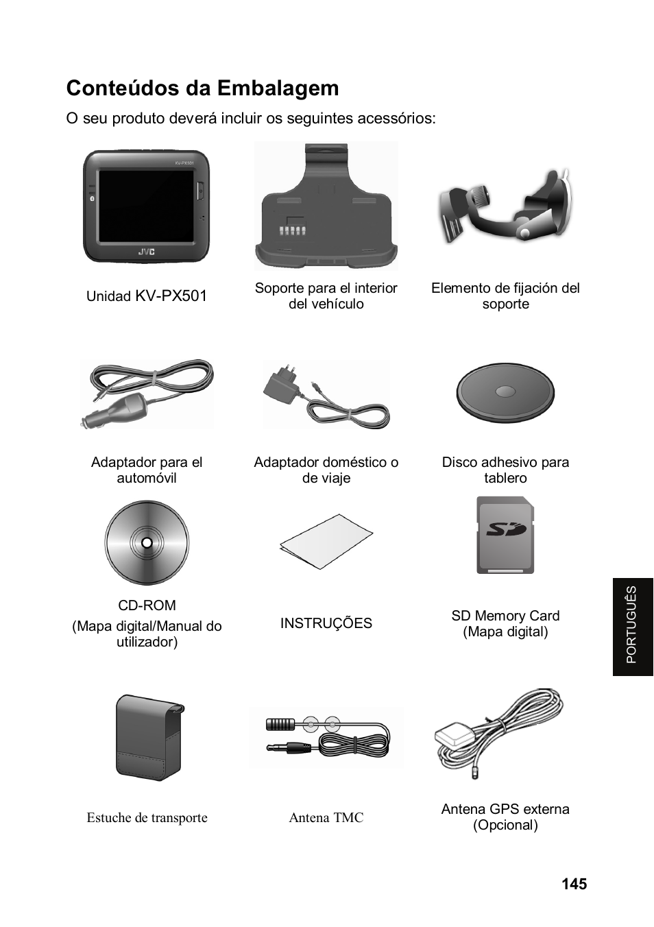 Conteúdos da embalagem | JVC KV-PX501 User Manual | Page 145 / 219