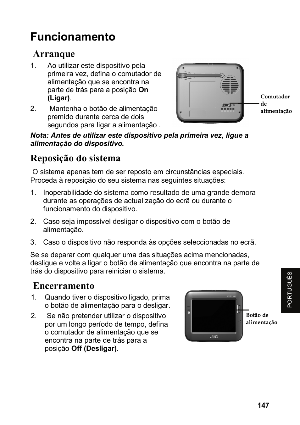 Funcionamento, Arranque, Reposição do sistema | Encerramento | JVC KV-PX501 User Manual | Page 147 / 219
