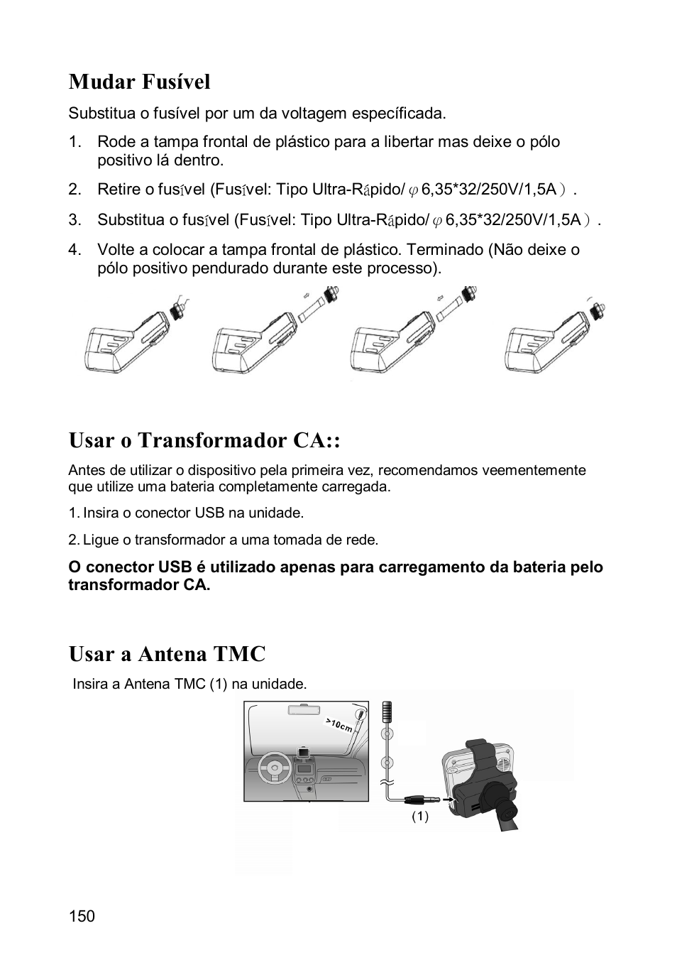 Mudar fusível, Usar o transformador ca, Usar a antena tmc | JVC KV-PX501 User Manual | Page 150 / 219